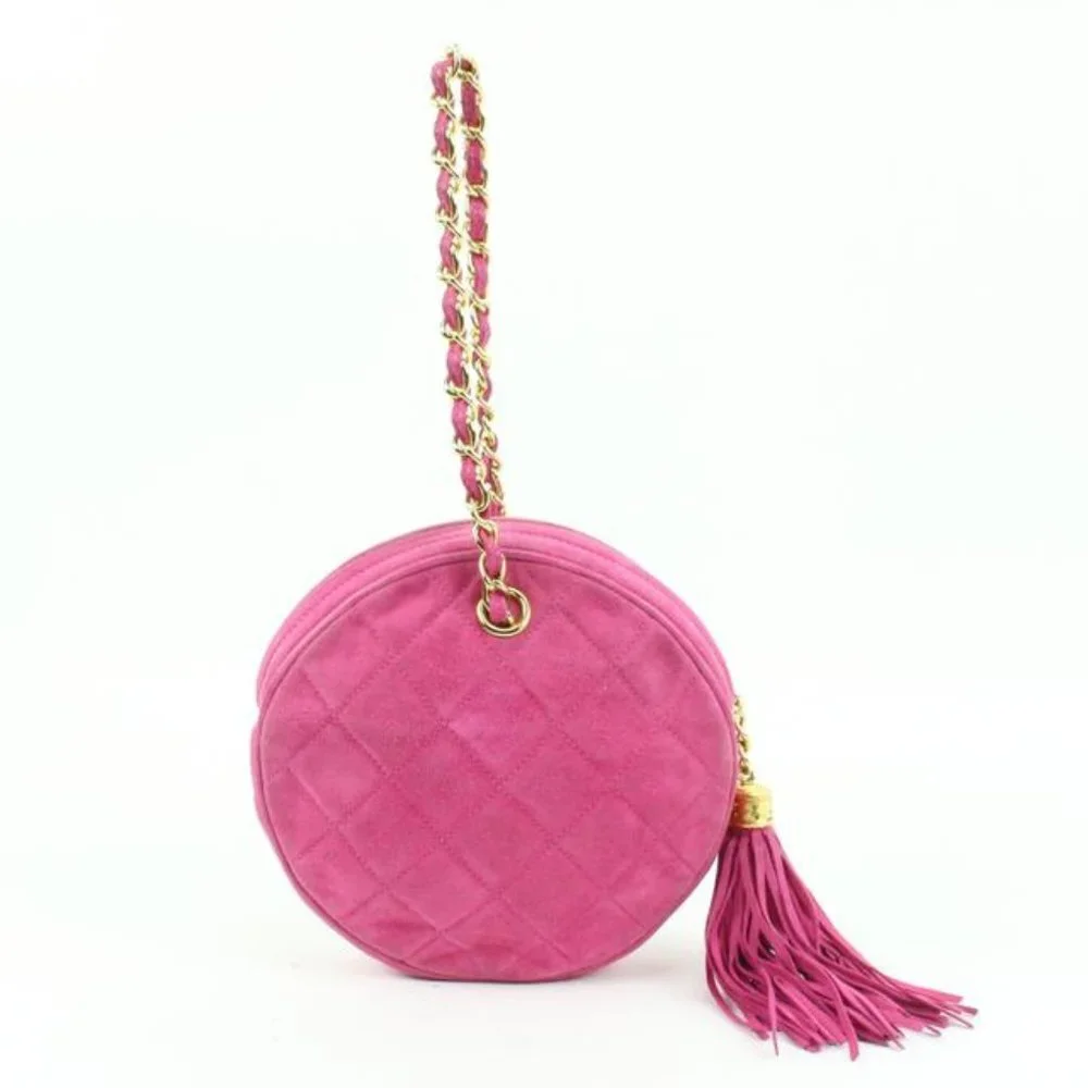 Chanel Hot Pink Quilted Suede Fringe Tassel Round Clutch on Chain88cz425s